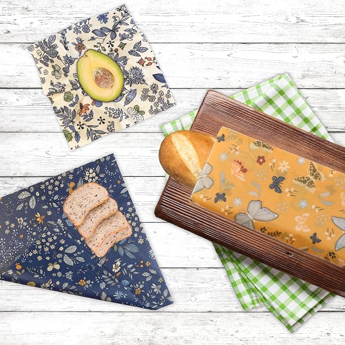 BYTTME Reusable Beeswax Wrap - 9 Pack Beeswax Wraps for Food, Eco-Friendly Beeswax Food Wraps, Bread Sandwich Wrapper - Reusable Food Storage Wrap Set with Flower Butterfly+Mesh Bag
