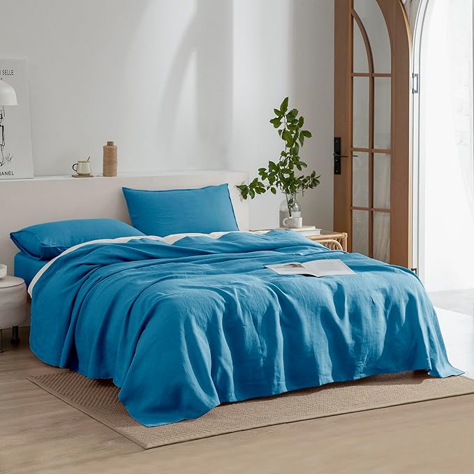 EVERLY Linen Sheets Set Full Size,100% French Stonewash Pure Linen Bed Sheets Set,4Pieces (1Flat Sheet,1Fitted Sheet,2Pillowcase) Suitable for Hot Sleepers,Deep Pocket Natural Bedding Set-Blue