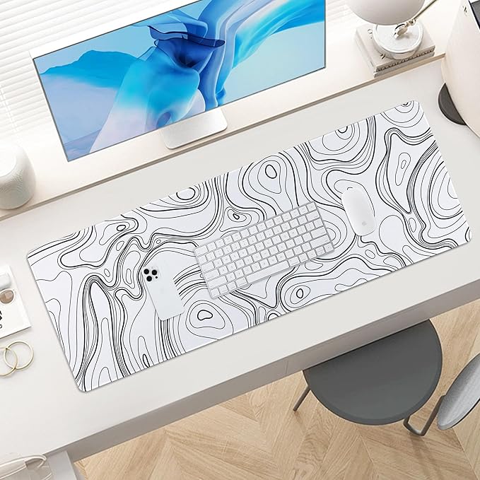 ALOANES Waterproof Mouse Pad with Durable Stitched Edge, XL Gaming Keyboard Pad, Non-Slip Rubber Base, Extended Desk pad for Gamer, Office & Home, White Topographic Map Mousepad 31.5"x 11.8"x 0.12"