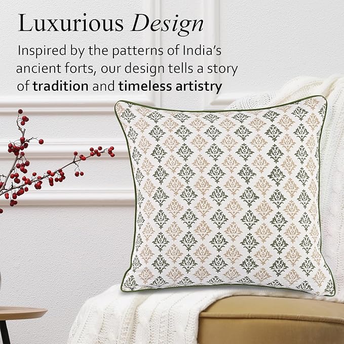 CPC Botanical Trellis Green Block Print Throw Cushion Cover 20 x 20 Inch Set 2 - Decorative Boho Floral Pillow Case for Living Room, Bed, Sofa, Couch, Home Decor Gift for Spring, Mother's Day