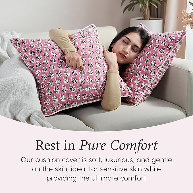 CPC 100% Cotton Throw Pillow Covers 20x20 Inch, Set of 2 Green Block Print Pattern Couch Pillow, Cute Boho Decorative Pillows for Living Room, Bedroom with Hidden Zipper- Poppy Pink