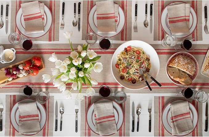 Solino Home Linen Placemats Set of 4 - French Stripe Red and Natural Placemats 14 x 19 Inch - 100% Pure Linen Table Mats