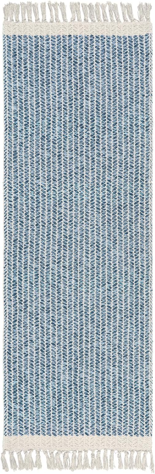 Lahome Belle Boho Kitchen Runner Rugs, 2x6 Laundry Room Rug Lightweight Bathroom Runner Woven Cotton Throw Mat with Tassels, Farmhouse Washable Blue Rug Low Pile Runners for Hallways Entry