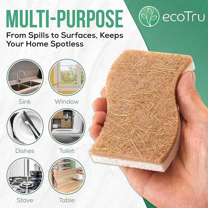 12 Pack Natural Kitchen Sponges, Compostable White Cellulose & Organic Coconut Scrubber Sponge for Washing Dishes, Kind Eco Friendly Non Toxic & Biodegradable Dishwashing Sponges