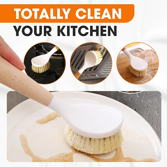 Cheer Collection Bamboo Dish Brush Set of 3 – Kitchen Scrub Brushes with Non-Scratch Bristles for Pots, Pans, and Sink Cleaning – Durable Dishwashing Brushes for Daily Kitchen Use