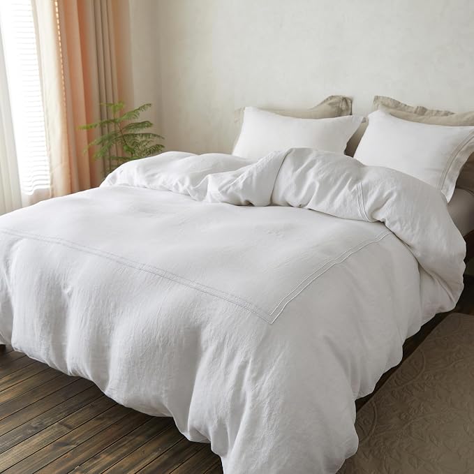Simple&Opulence 100% Washed Linen Duvet Cover Set 78"x86" - 3 Pieces Soft Farmhouse Comforter Cover Set Double Embroidered with Button Closure - 1 Duvet Cover and 2 Pillowshams (White, Full)