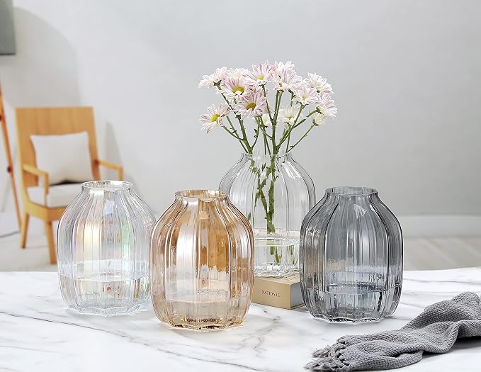Large Clear Glass Ribbed Vase - 8.0" Decorative Tall Vase for Home Table Centerpieces and Farmhouse