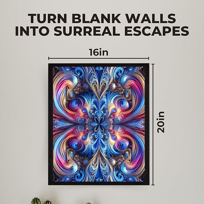 InkFlow Posters Vibrant Swirling Abstract Poster - Colorful Fractal Design in Blue, Pink, and Gold - Modern Graphic Poster for Living Room, Bedroom, Home - 16x20 Unframed Canvas Print
