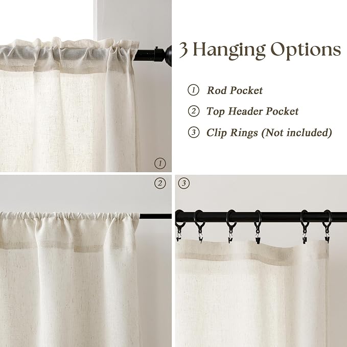 Beige Semi Sheer Linen Kitchen Curtains 24 Inch Length 2 Panels | Natural, Small Curtains, for Laundry RV Campers, Privacy Light Flitering, Rod Pocket Drapes, Rustic Boho, 50x24 Inch