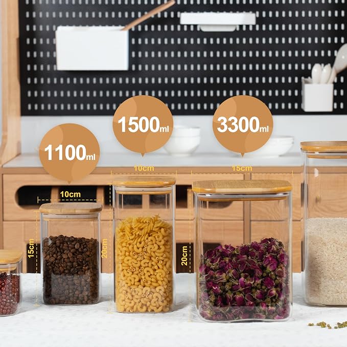 D2scrma 115oz Airtight Glass Square Storage Canister with Bamboo Lid Set of 1 (3400ml) Gallon Glass Jars Large Kitchen Canister for Sugar, Flour, Cookies and Coffee beans (with Black Lable)