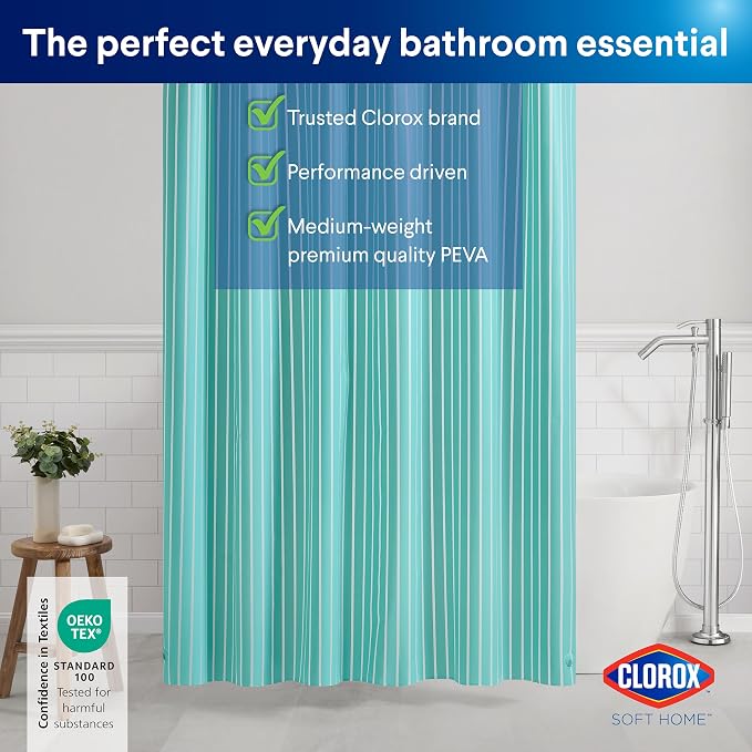Clorox Shower Curtain Liner, Premium Striped Medium-Weight Durable Waterproof 6g PEVA for Bathroom with Weighted Magnets, Printed Standard Size 72" x 72", Aqua