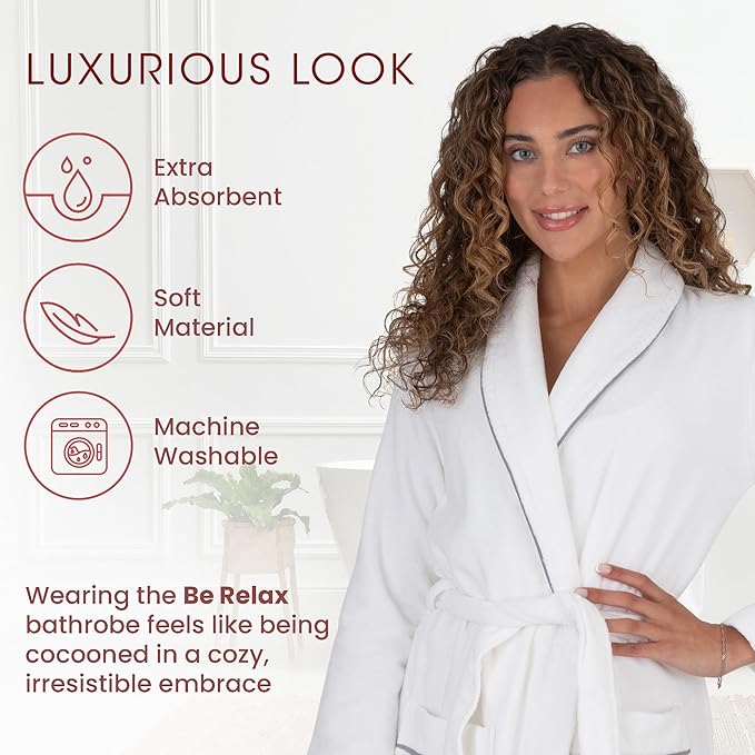 Be Relax Bathrobe for Women - Full Length Terry Cotton Robe with Shawl Collar and Hood, Warm and Cozy Robe with Belt & Pocket