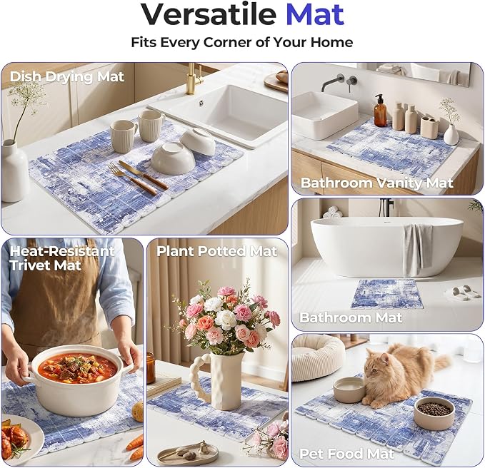 Findosom Stone Dish Drying Mat for Kitchen Counter, 15.7" × 11.8" Foldable Non-Slip Stone Drying Mat with Abstract Pattern, Heat Resistant Diatomaceous Earth Mat for Bath, Dishes, Cups, Blue