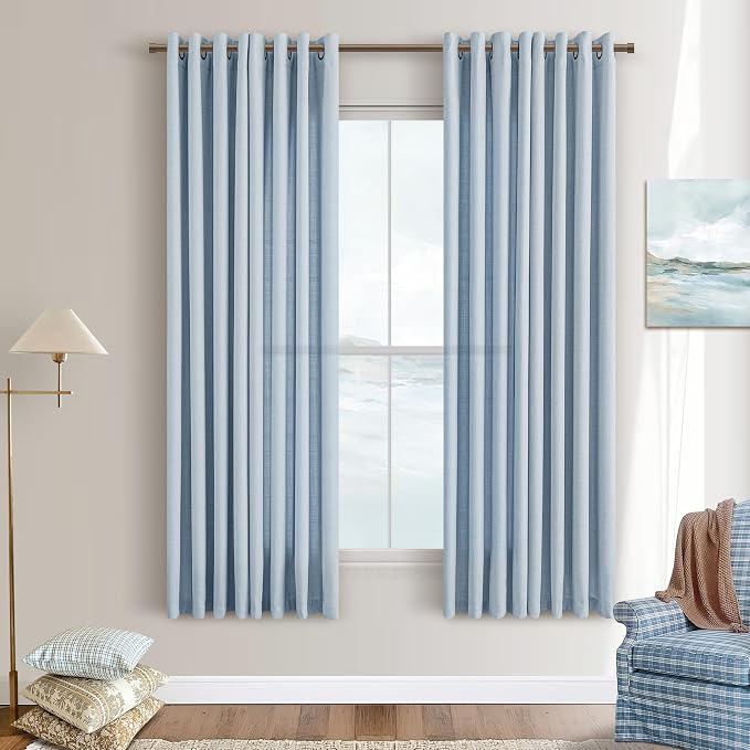 Light Blue Living Room Curtains 63 Inch Length 2 Panels Set Flax Linen Semi Sheer Non See Through Privacy Bronze Grommet Drapes Modern Coastal Boho Stone Blue Window Curtains for Girls Bedroom