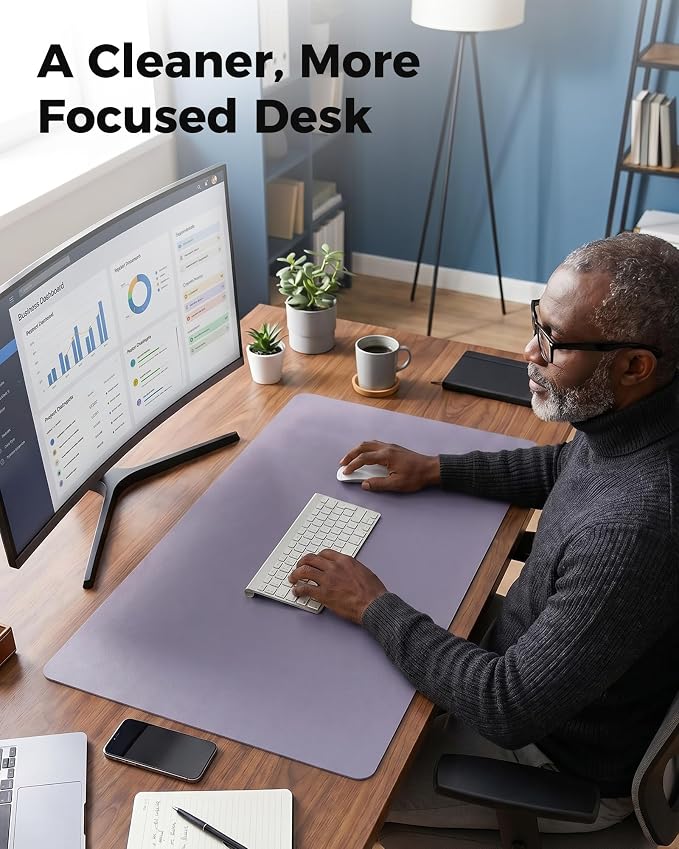 Aothia Dual-Sided Desk Mat, FSC Cork & PU Leather Desk Pad, Large Mouse Pad & Writing Surface for Daily Workspace Setup, Non-Slip Waterproof Desk Protector - 35.4" x 15.7", Light Purple
