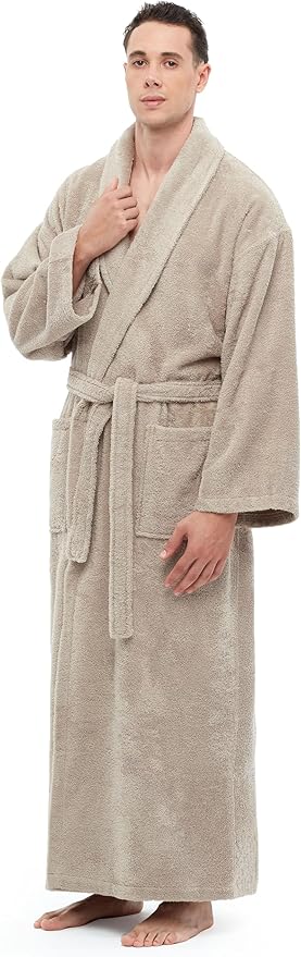 Arus Men's Shawl Collar Robe, Turkish Terry Cotton Bathrobe with Regular and Full Length Options