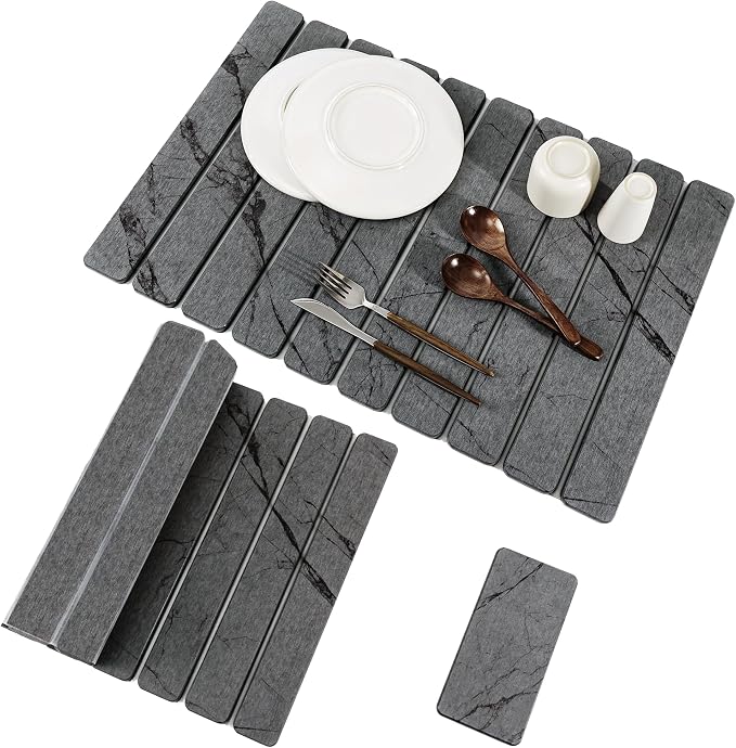 2pcs Stone Dish Drying Mat for Kitchen Counter, Quick-Dry Diatomaceous Earth Water Absorbent Pad & Countertop Drainer, Home Essentials for Bath and Pets - Marble Dark Grey, 24x16’’ & 8x4’’