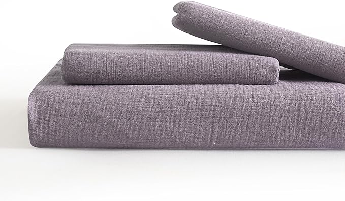 SE SOFTEXLY Muslin Duvet Cover King Size, 100% Washed Cotton Duvet Cover Set, Ultra Soft Comforter Cover Linen Like, 3 Pieces Minimalist Gauze Duvet Cover with 2 Pillowcases, 90"x104", Purple Grey