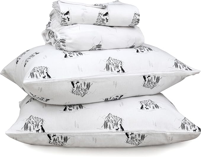 RUVANTI Flannel Sheets King Size - 100% Cotton Double Brushed King Bed Sheets Set - Deep Pockets 16 Inches - All Seasons Breathable & Extra Soft - Warm & Cozy, 4 Piece, Soul Dog White