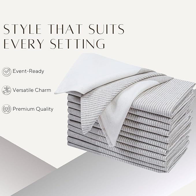 Ramanta Home Cloth Napkins Set of 12 Taupe 18x18 Inches - Spring Basket Decor Block Striped Dinner Napkins for Easter Farmhouse Wedding, Washable Soft Cotton Durable Table Linen for Everyday Use