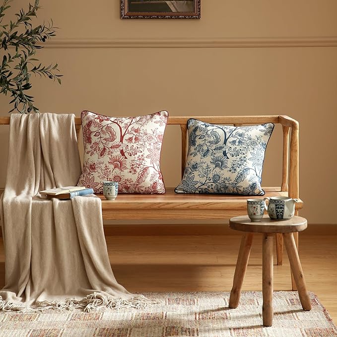 ISAENNE Design Linen Square Throw Pillow Covers 18"x18" Pack of 2, French Country Cushion Covers with Blue Toile de Jouy Floral Pattern Decoration Pillowcases for Bed, Living Room, Outdoor, Car