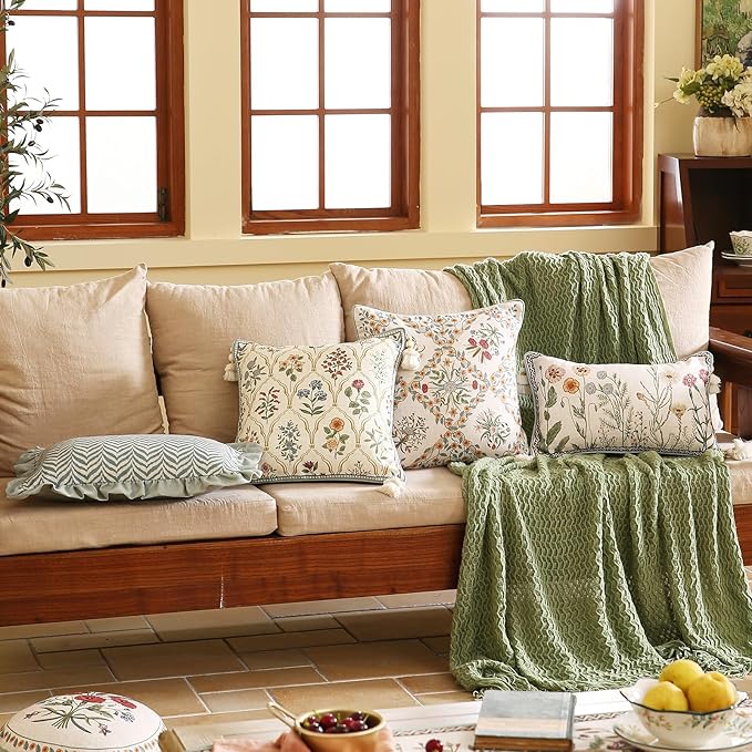 ISAENNE Design Linen Throw Pillow Covers 12"x20" Pack of 2, Lumbar Farmhouse Cushion Covers with Colorful Watercolor Wildflower Pattern for Bed, Living Room, Outdoor, Car