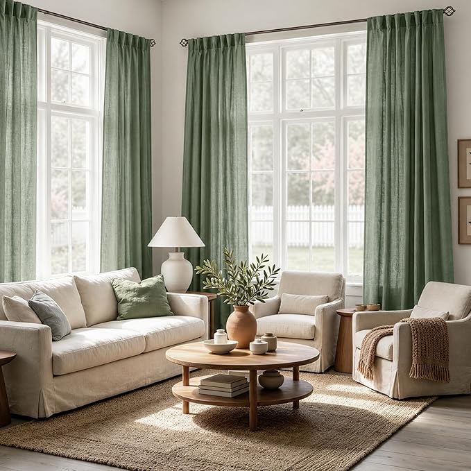 Olive Green Curtains 84 inch Length 2 Panels for Bedroom Back Tab Light Filtering Semi Sheer Drapes Linen Cotton Textured Airy Modern Farmhouse Living Room Sage Aesthetic Decor 52x84