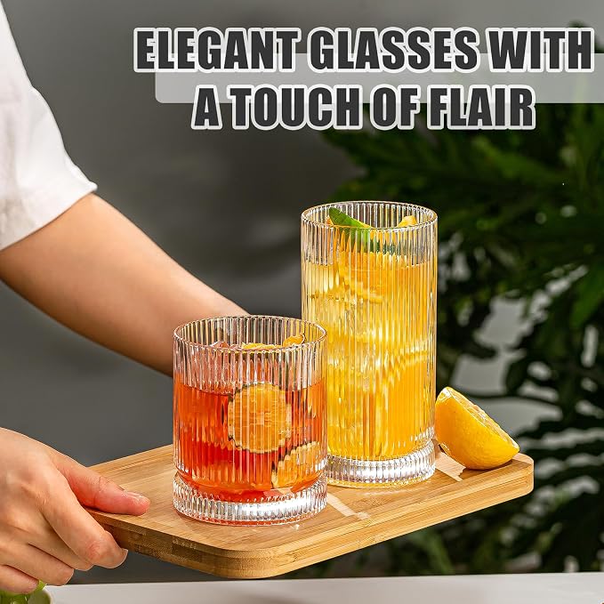 Drinking Glasses, Set of 8 Origami Style Glass Cups-4 Highball Glasses 15oz & 4 Rocks Glasses 12oz, Mojito Cups, Cocktail Glass, Elegant Ripple Vintage Glassware for Cocktail, Beer, Whiskey