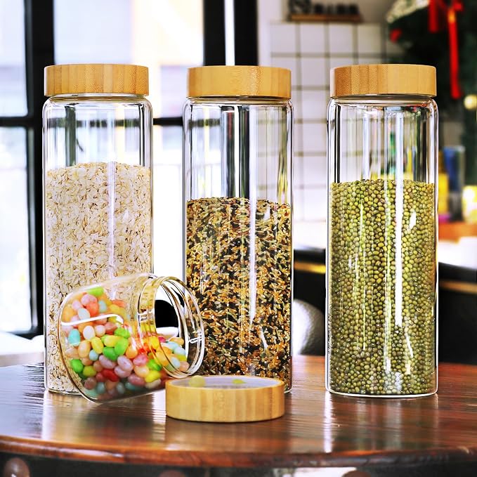 Glass Canisters With Airtight Bamboo Lids - 3 Pack 80oz Cereal Containers, Cookie Jars, Pasta Storage - Screw On Kitchen Jars