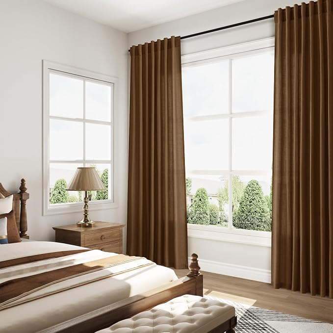 Nanspring Tobacco Brown Linen Curtains 72 inch Length for Living Room Back Tab Rod Pocket Semi Sheer Modern Farmhouse Coastal Decor Cotton Textured Gauze Curtain for Dining Room Office 52x72