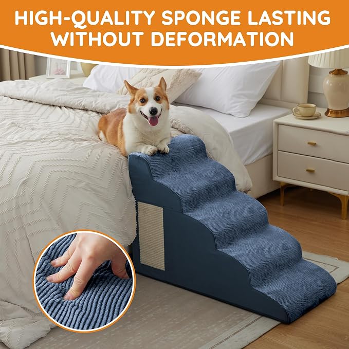 Pet Stairs for Small Dogs - 3-Step Curved Dog Ramp for Bed, Couch, Sofa, Car and Chairs - Non-Slip Bottom Design - High Density Foam Portable Pet Step - Navy