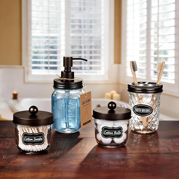Amolliar Mason Jar Liquid Soap Dispenser, 16OZ Stainless Steel Pump Lid & Waterproof Stickers, Refillable Hand Soap, Dish Soap Dispenser for Kitchen, Bathroom Accessories Set, Farmhouse Decor, Bronze