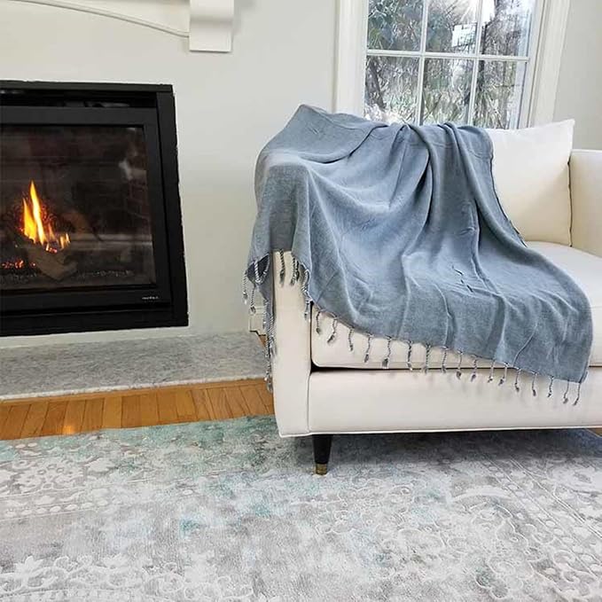 InfuseZen Stonewashed Turkish Throw Blanket - 100% Organic Turkish Cotton - 80" x 48" - Soft, Lightweight, Cozy - for Love Seat, Sofa, Picnic, Yoga - Sand Free Absorbent Beach Blanket - Denim
