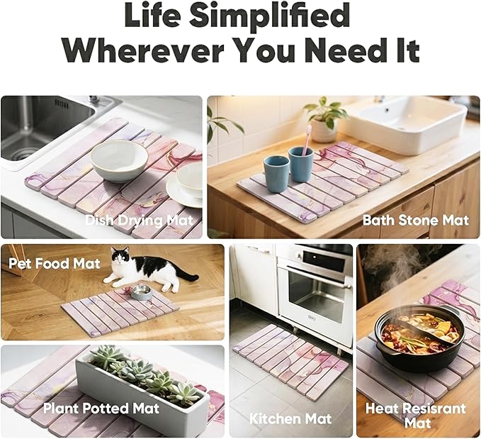 Stone Dish Drying Mat for Kitchen Counter - 24" x 16" Ultra Absorbent Diatomaceous Earth Mat, Foldable Fast Drying Countertop Protector, Non-Slip Eco-Friendly Stone Mat for Dishes