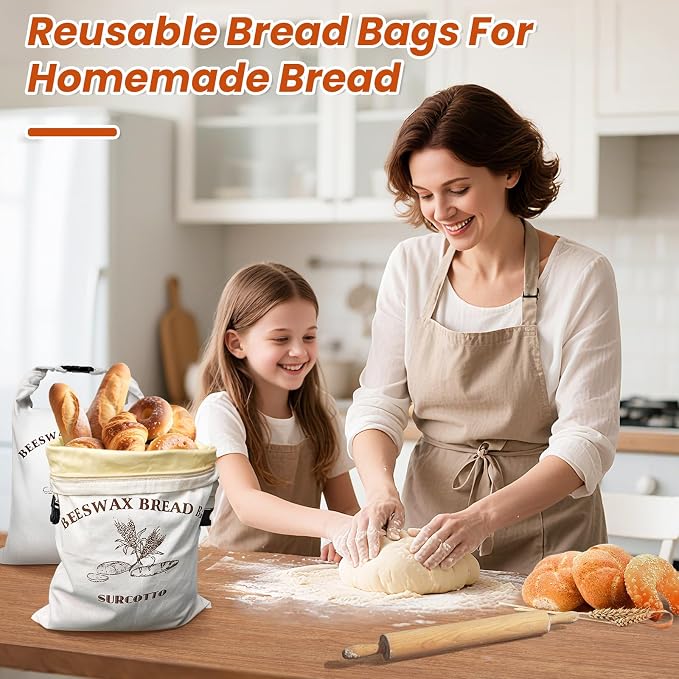 Surcotto Beeswax Bread Bags,2 Pack Sourdough Bread Bag,Reusable,for Homemade Bread,Natural Beeswax-Lined Cotton Food Storage Bags to Keep Fresh,Sourdough Bread Bag for Freezer & Refrigerator