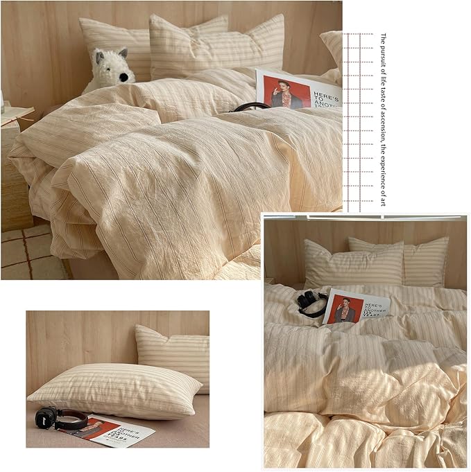 mixinni Retro Striped Duvet Cover Set Queen Size - 100% Washed Cotton Beige Duvet Cover with Black White Stripes, Soft Breathable 3 Piece Comforter Cover with Zipper Closure & Corner Ties