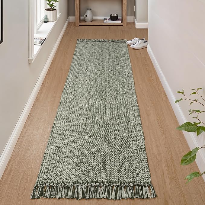 Collive Boho Runners for Hallways 2x7 ft, Washable Kitchen Runner Rug Low-Profile Neutral Indoor Entryway Rug, Olive Green/Cream Braided Cotton Floor Carpet for Laundry Room Bedroom Doorway