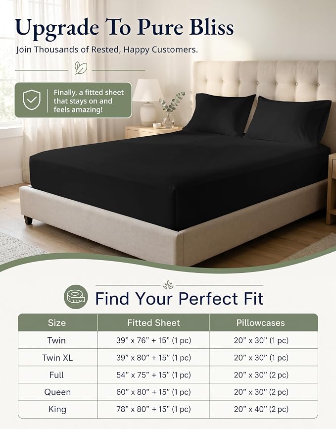 LANE LINEN 100% Organic Cotton Full Fitted Sheet & Pillowcases (No Flat Sheet) - Soft & Breathable Percale Weave Set for Natural Cooling - 15'' Deep Pocket for Snug Fit - GOTS Certified - Black