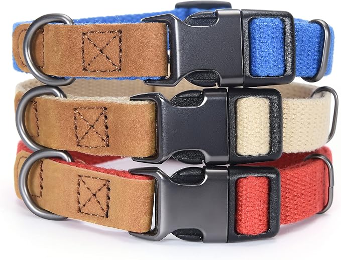 Mile High Life Genuine Leather Dog Collar, Soft Cotton Pet Collars with Heavy Metal Buckle for Small Large Dogs (Khaki, M Neck 15"-18")