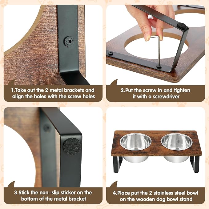 Elevated Dog Bowls for Small Medium Wood Dogs Raised Bowl Stand with 2 Stainless Steel Deep Dog Food and Water Bowls, Anti Vomit, Non-Slip Feeding Dishes(Tilted,3 inches in Height, 40oz