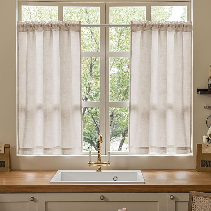 48 Inch Linen Small Window Curtains 2 Panels for Bedroom Bathroom Rod Pocket Privacy Semi Sheer Light Filtering Window Treatments Light Coffee Tan Beige Farmhouse Rustic Door Curtain W34xL48