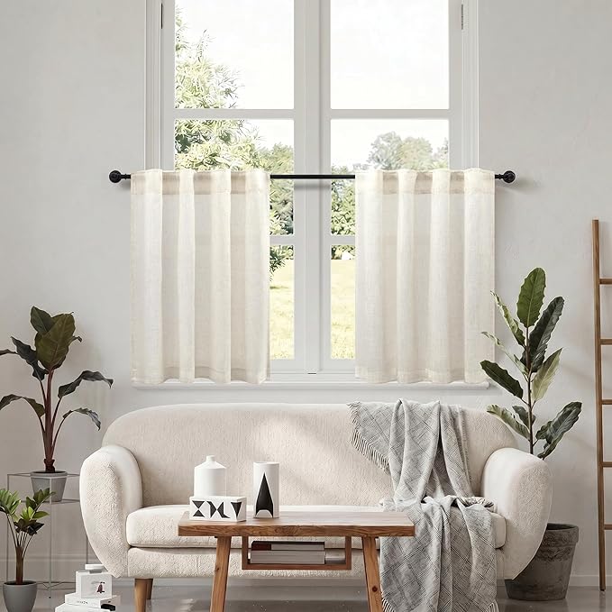 48 Inch Linen Curtains 2 Panels for Cafe Bedroom Bathroom Back Tab Rod Pocket Privacy Semi Sheer Light Filtering Window Treatments Cream Ivory Farmhouse Rustic Door Curtain Small Window 34 x 48 Length