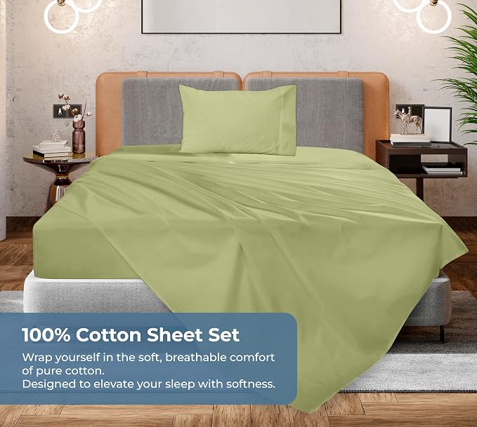 Royale Linens 100% Organic Cotton Twin XL Sheet Set - Percale Weave - 3 Pieces Set - 1 Flat, 1 Deep Pocket Fitted Sheet &1 Pillowcases - Sage Green Bed Sheets -Sábanas Twin XL -Crisp Cool (Sage Green)