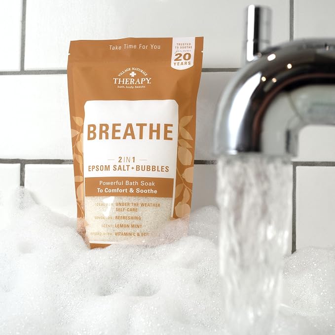 Village Naturals Breathe Foaming Body Soak, Epsom Salt, Essential Oils, Soothing Bubbles, Sea Salt 36 oz, Pack of 2