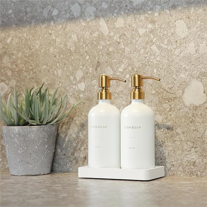 Liquid Dispenser Soap Dispenser Set Glass with Stainless Steel Pump Countertop Soap Bottle(White Bottle+Gold Pump)