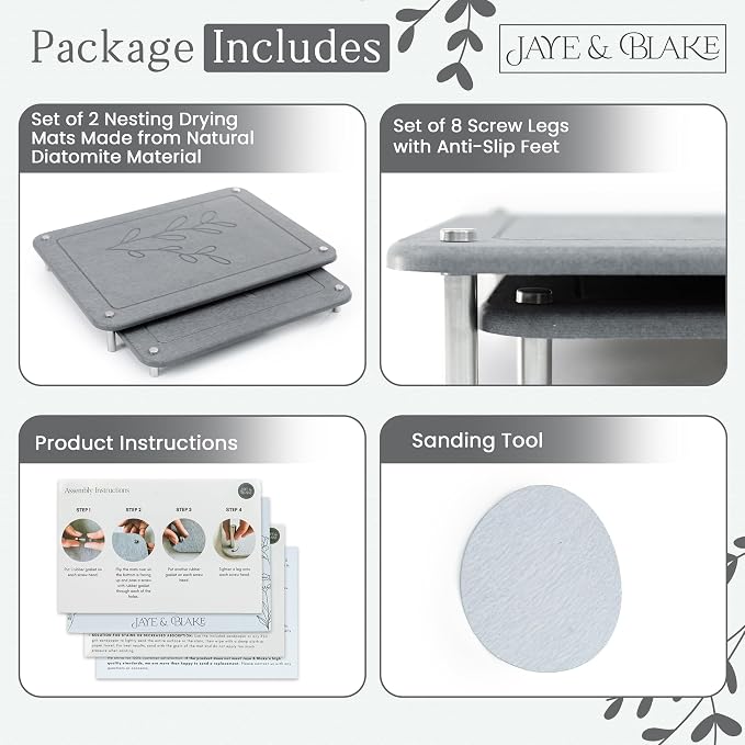 2 PCs Nesting Stone Dish Drying Mats for Kitchen Counter - Absorbent Quick Drying Diatomaceous Earth Stone Drying Mat with Non-Slip Feet - Heat Resistant & Odorless Dish Drying Stone Mat - Dark Gray