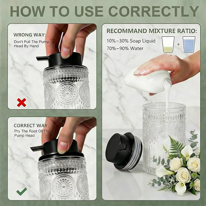 Clear Glass Foaming Hand Soap Dispenser with Matte Black Pump Decorative Thick Embossed Bottle Refillable for Bathroom and Kitchen 12 fl oz