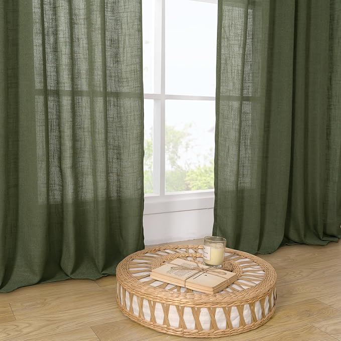 LAMIT Semi Sheer Window Linen Curtains 54 Inch Length, Light Filtering Panels Back Tab and Rod Pocket Christmas Drapes for Bedroom/Living Room, Olive Green, 2 Panels, 34 x 54 Inch