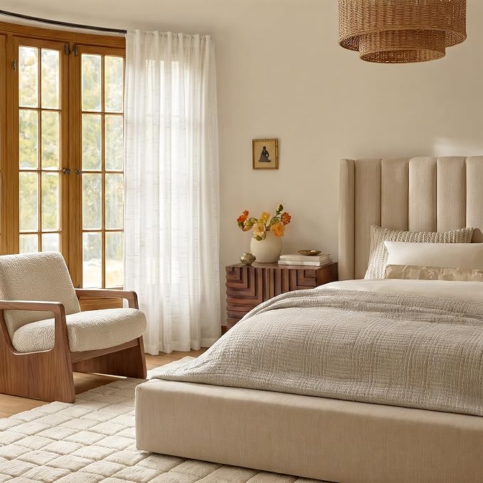 NICETOWN Linen Burlap Semi Sheer 144 inch Extra Long Curtains for Living Room, Rod Pocket & Back Tab Privacy Drapes Light Filtering Window Treatments for Villa, W52 x L144, 2 Panels