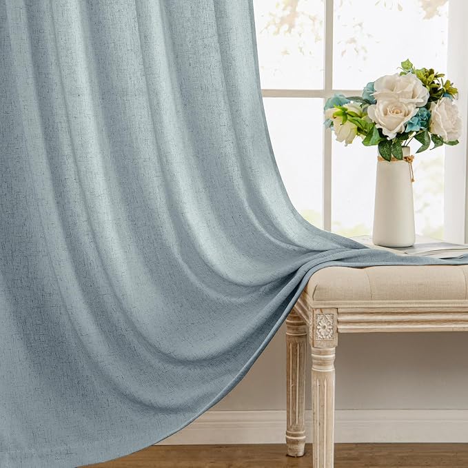 MIULEE Non-See-Through Privacy Linen Curtains 2 Panels, Light Filtering Window Curtains Farnhouse Textured Back Tab Semi Sheer Drapes for Bedroom Living Room, 52 x 84 Inches Long, Stone Blue